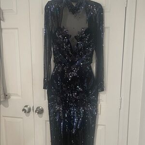 Casadei Black and Blue Sequin Long Sleeve Dress